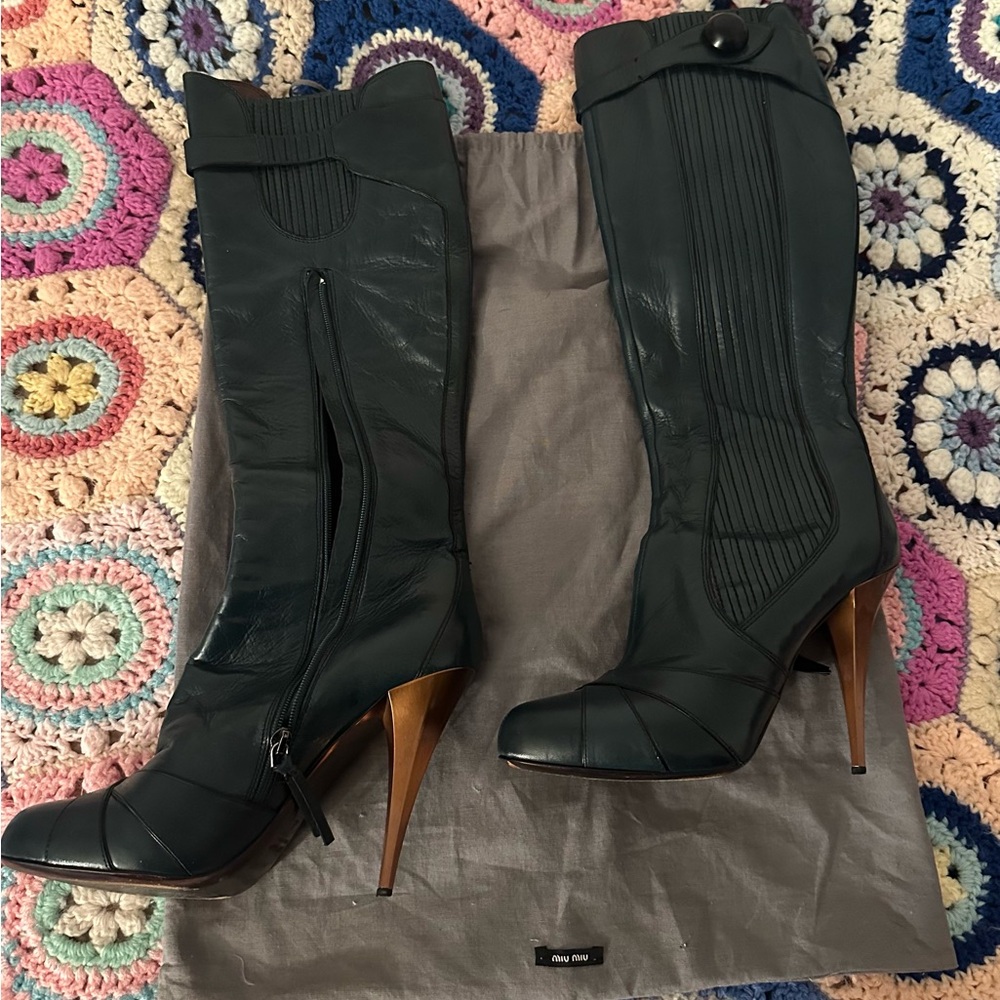 Miu Miu Chic High Heel Leather Boots - Dark Green